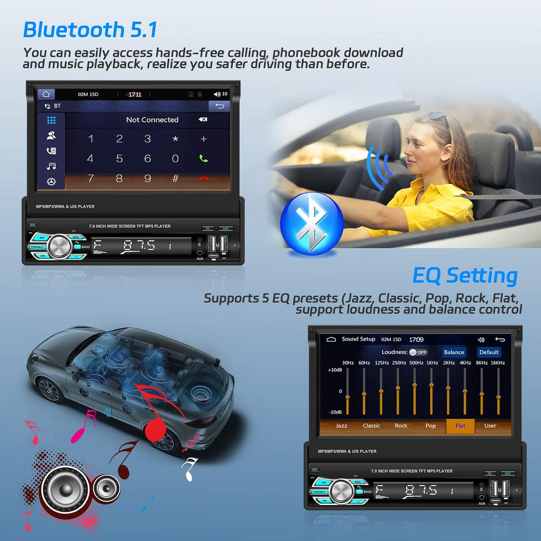 Hikity 1 Din Autoradio mit Wireless Carplay Android Auto Radio mit Slide Out Bildschirm 7 Zoll Touch