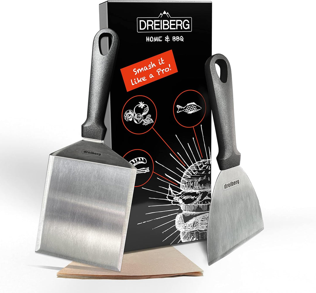 DREIBERG® XXL Grillspachtel Set aus Edelstahl – Grill Pfannenwender für Smash Burger. Das perfekte P