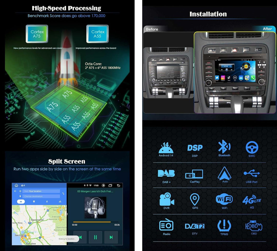 erisin 8 Core Android 12 Autoradio Navi für Porsche Cayenne Unterstützt GPS Kabellos Carplay Android