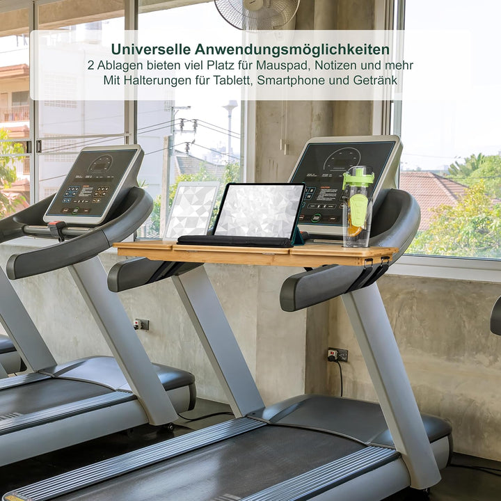 Relaxdays Laufband Schreibtischaufsatz, neigbar, Sicherungsbänder, Handy- & Getränkehalter, Bambus,