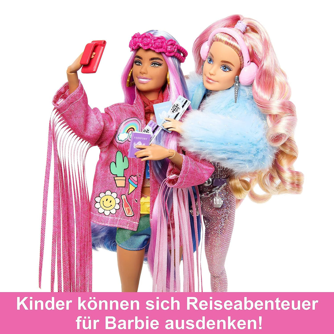 Barbie Extra Fly - Reisepuppe im Wüstenlook mit Fransenjacke und übergrosser Tasche, beweglicher Kör