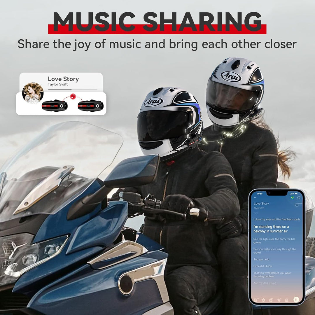 XGP Motorrad Headset Bluetooth V5.2 mit Musik Sharing, 2 Personen Motorradhelm kommunikationssystem