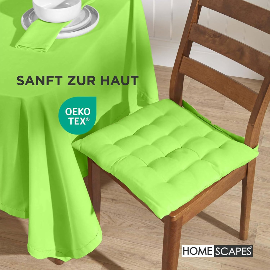 HOMESCAPES 4er Set Stuhlkissen 40 x 40 cm, grün, Sitzkissen mit Bändern und Knopfverschluss, einfarb