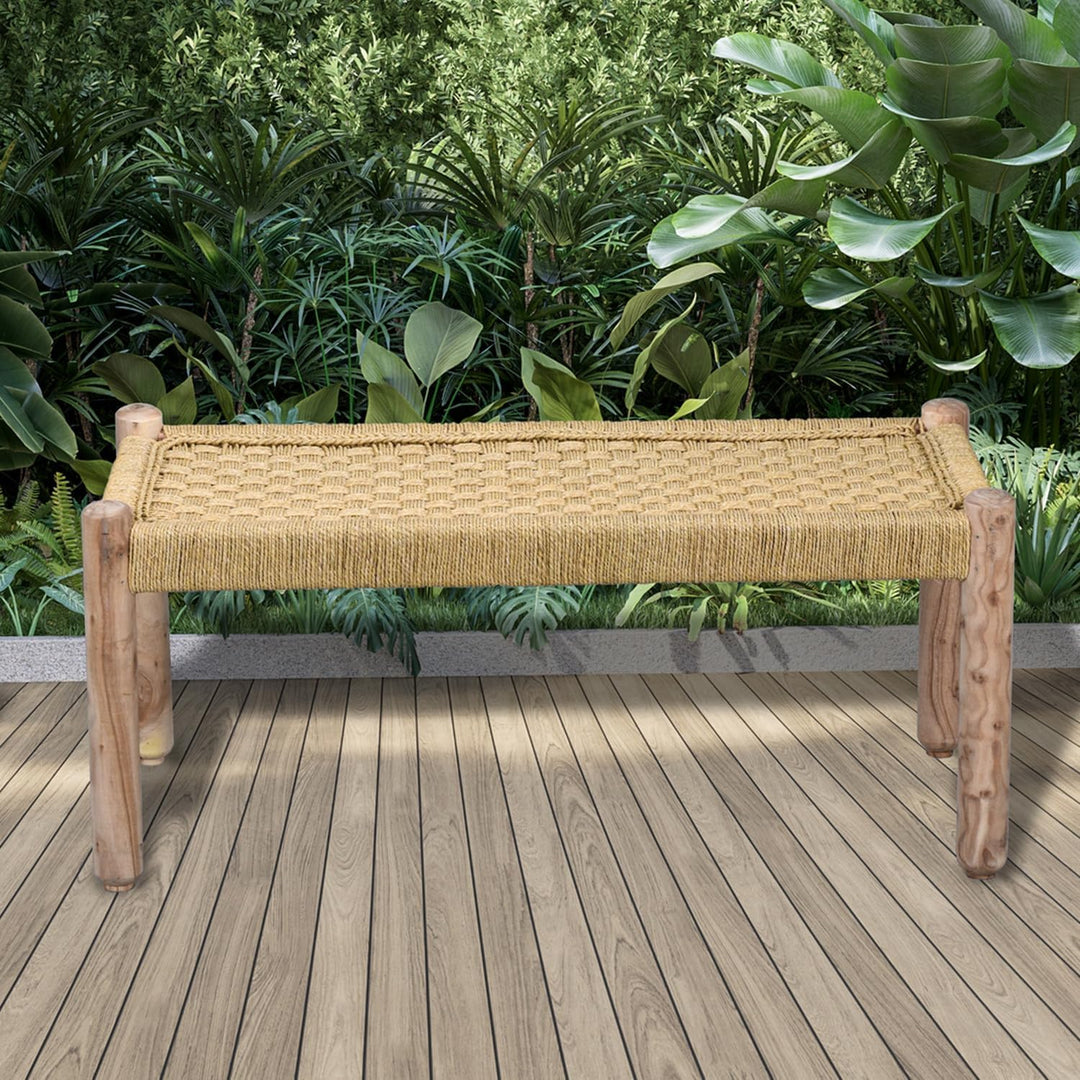 Marrakesch Sitzbank Bank aus Holz und Jute Josue 90 cm 2-Sitzer | Ideal im Garten Terrasse und Balko