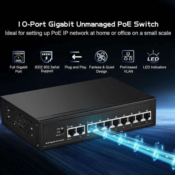 Binardat 10 Port Gigabit POE Switch, 8 POE+ Ports 1000Mbps, 2 Gigabit Uplink, IEEE802.3af/at, 120W I