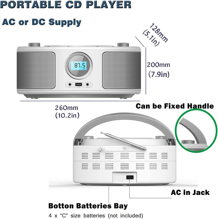 Tragbarer CD-Player Boombox,CD-MP3 Player,CD/CD-R,USB,FM Radio,AUX-In,CD Player Radio,Stereoanlage,K