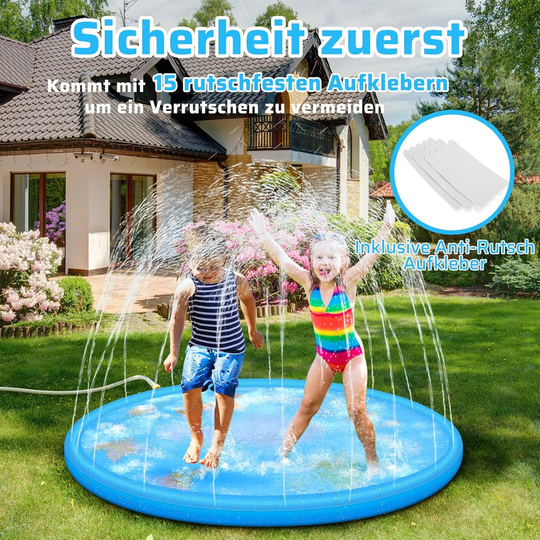 Anpro 170CM Splash Pad, Sprinkler Wasser-Spielmatte Splash Play Matte mit 15 Anti-Rutsch-Streifen, S