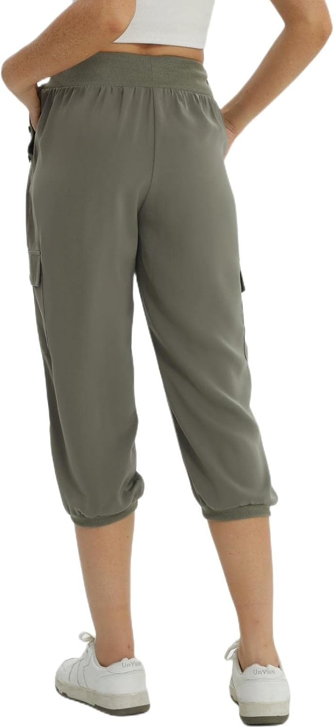 fuinloth 3/4 Hose Damen, Sommer Caprihose Dreiviertel Cargo Hosen Frauen Gummizug Leicht 42-44 Grau