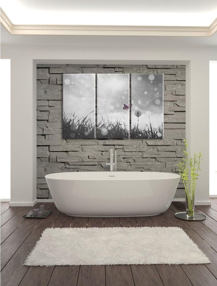 Pixxprint zarter Schmetterling fliegt zu Pusteblume B&W Detail 3-Teiler Leinwandbild 120x80 Bild auf