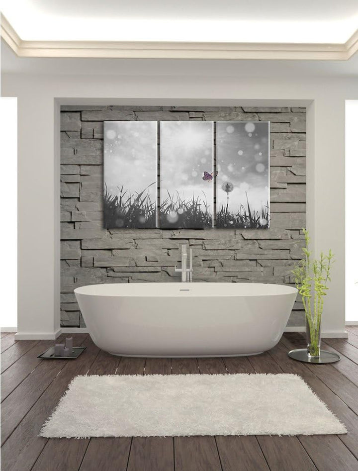 Pixxprint zarter Schmetterling fliegt zu Pusteblume B&W Detail 3-Teiler Leinwandbild 120x80 Bild auf