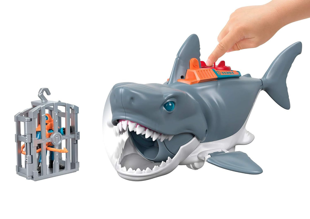 Fisher-Price Imaginext GKG77 - Grosser Spielzeug-Hai mit Taucher-Figur, Käfig und Zubehör, macht Kau