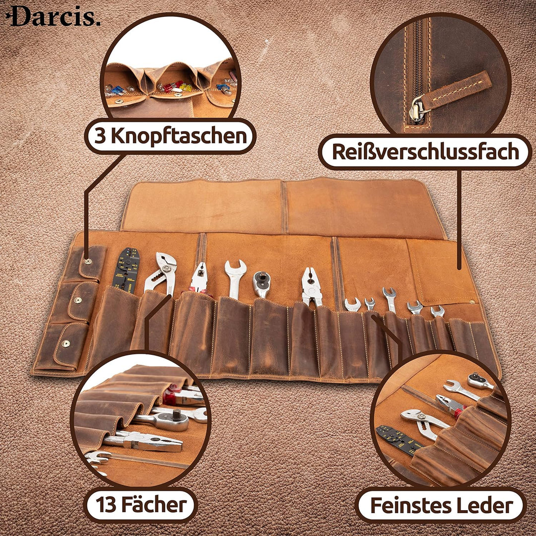 Darcis Werkzeugrolle in Braun - Aus echtem Rindsleder - Werkzeug Rolltasche mit 13 Fächern, 3 Knopft