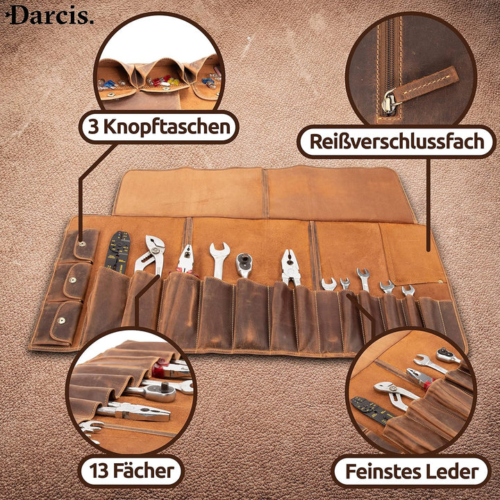 Darcis Werkzeugrolle in Braun - Aus echtem Rindsleder - Werkzeug Rolltasche mit 13 Fächern, 3 Knopft