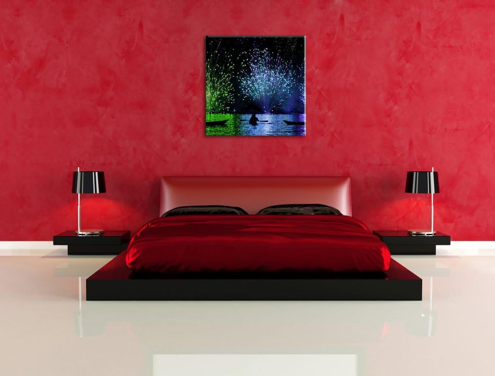 Feuerwerk auf dem Wasser, Format: 70x70 auf Leinwand, XXL riesige Bilder fertig gerahmt mit Keilrahm