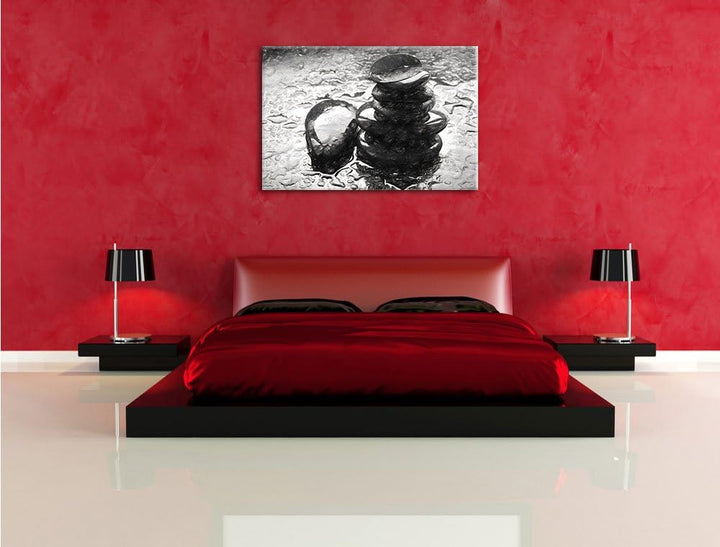 Pixxprint Zensteinturm im Regen als Leinwandbild/Grösse: 100x70 cm/Wandbild/Kunstdruck/fertig bespan