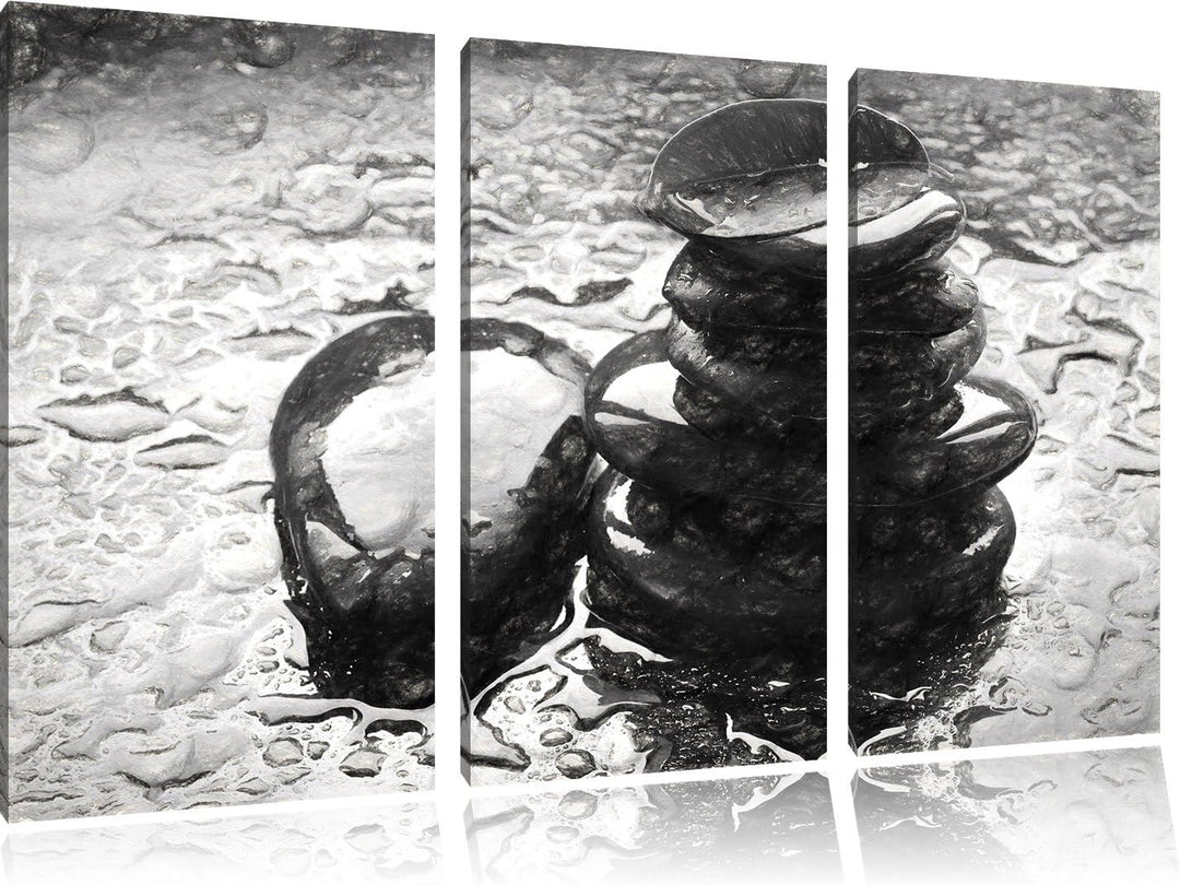 Pixxprint Zensteinturm im Regen als Leinwandbild/Grösse: 3 Teilig (120x80) cm/Wandbild/Kunstdruck/fe