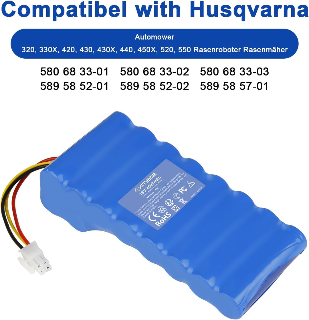 Exmate 18V 4000mAh Akku Ersatzakku für Husqvarna Automower 320, 330X, 420, 430, 430X, 440, 450X, 520