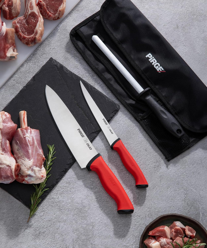 Pirge Duo Profi Messerset mit Tasche 4 Stück - Rutschfester Griff - Profi Kochmesser Set - Edelstahl
