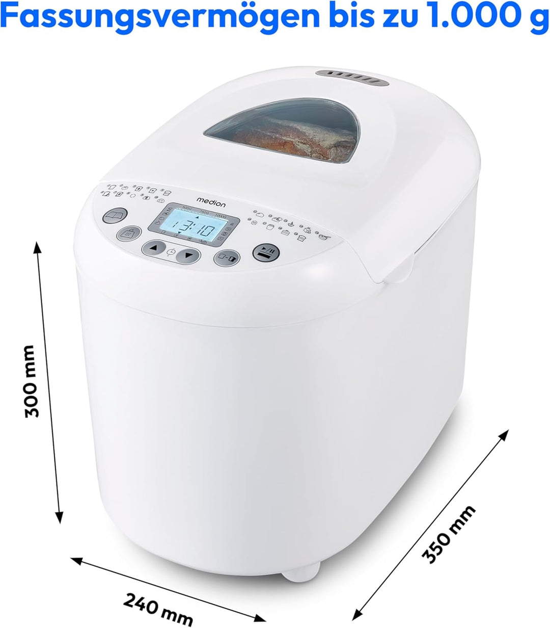 MEDION Brotbackautomat (Brotbackmaschine, 550 Watt, bis zu 1000g, 19 Backprogramme, 3 Bräunungsgrade