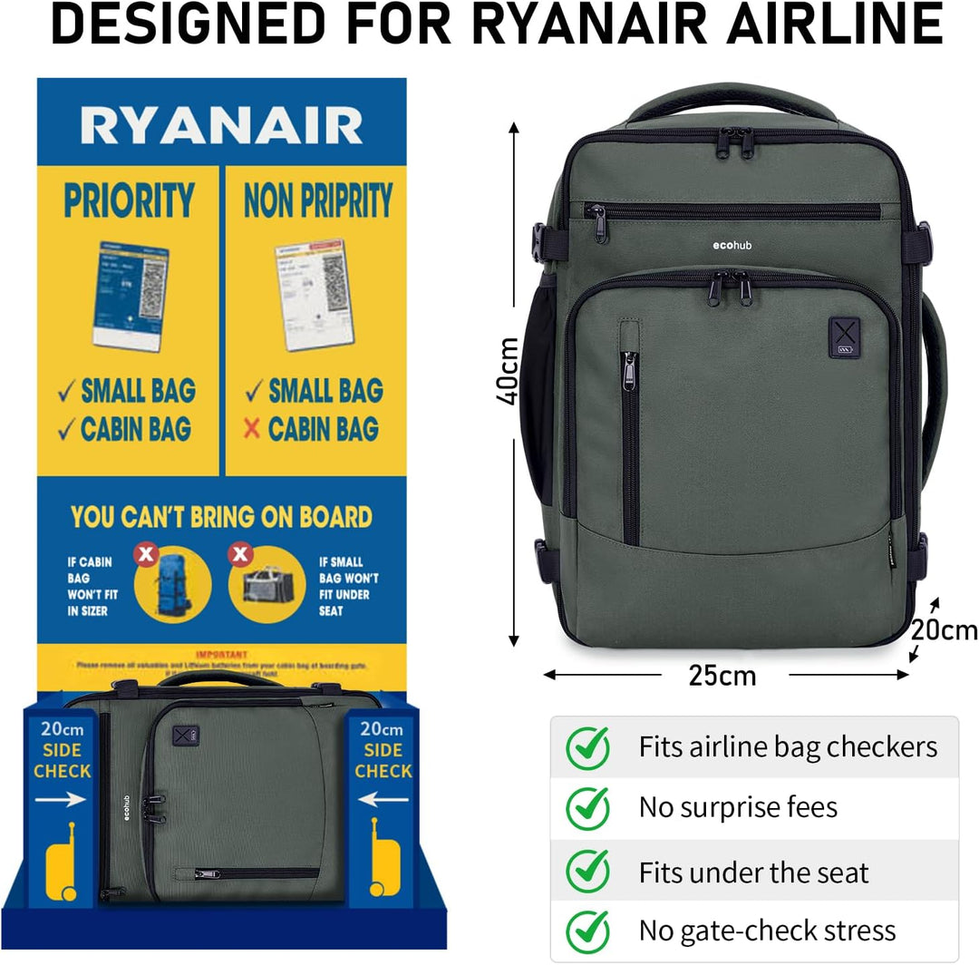 ECOHUB Rucksack 40x20x25 für Ryanair Flugzeug Reiserucksack Handgepäck Gepäck Laptop Daypacks PET-Re