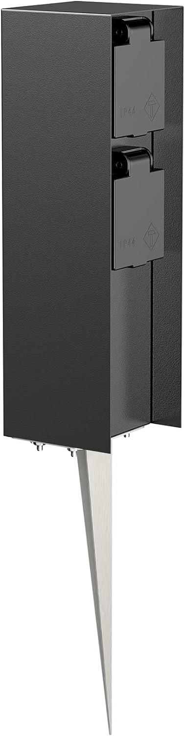 ledscom.de Garten-Steckdosen-Säule POMI mit Erdspiess für aussen, IP44, 2-Fach, schwarz, eckig, 23cm
