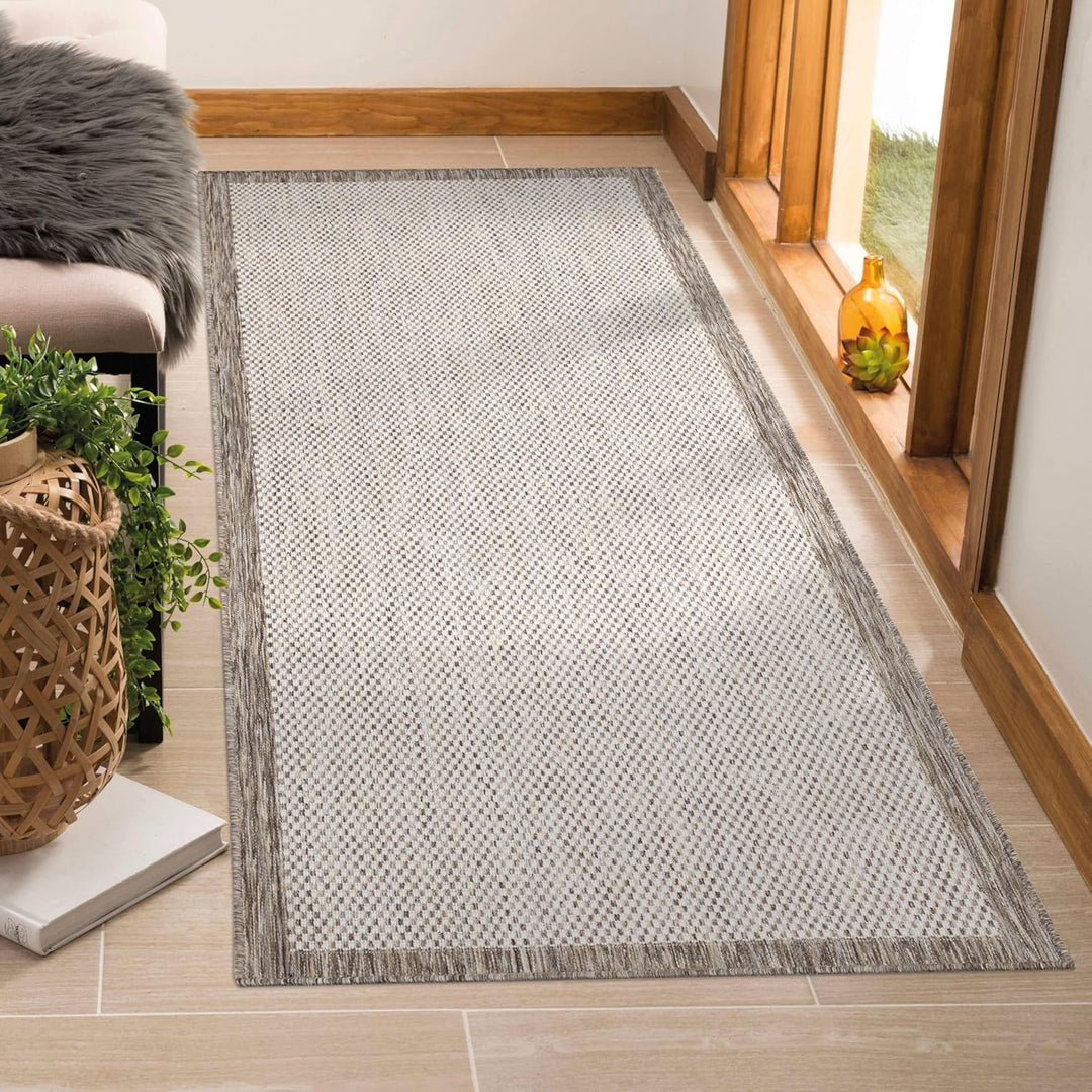 payé Outdoor Teppich Wetterfest - 60x110cm - Beige Weiss - Bordüre - Teppiche für Terrasse Balkon Ga