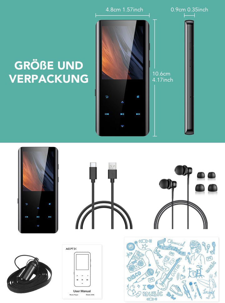 AGPTEK 64GB MP3 Player Bluetooth 5.3 mit 2,4 Zoll TFT Farbbildschirm, HiFi Musik mit Lautsprecher, T