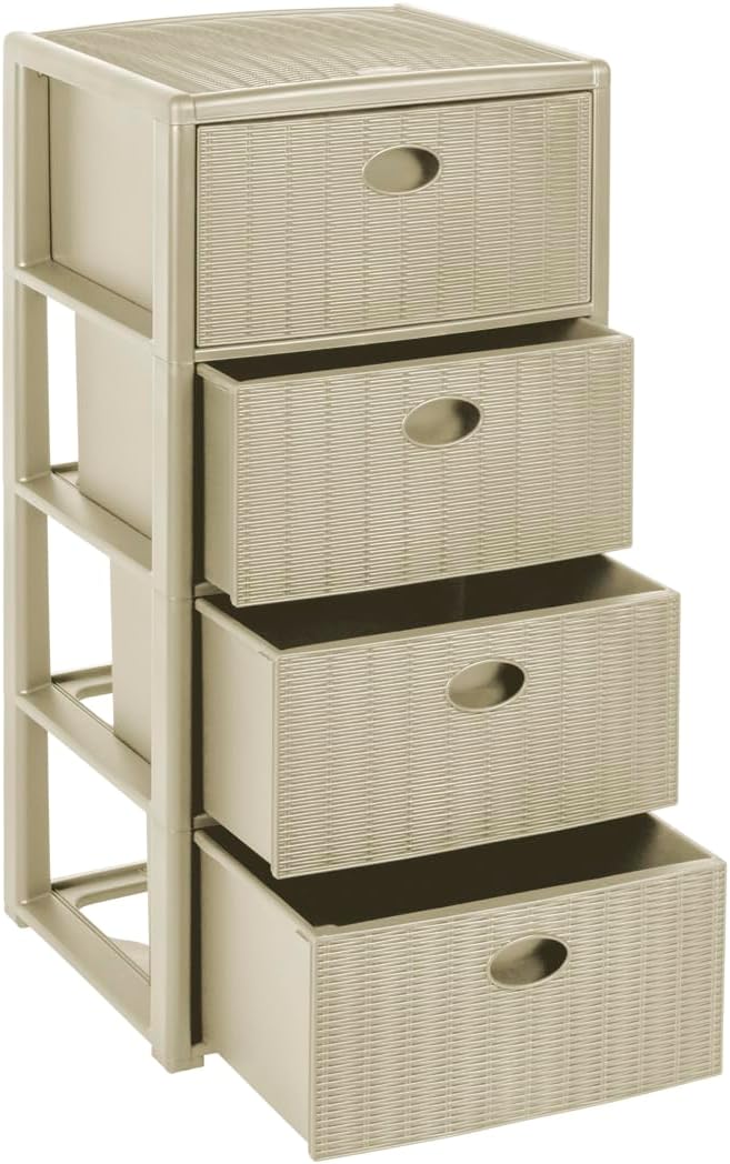 Rollbarer Schubladenschrank aus Kunststoff in Rattan-Optik mit 4 Schubladen. Masse: 40x40x81 cm (Kas