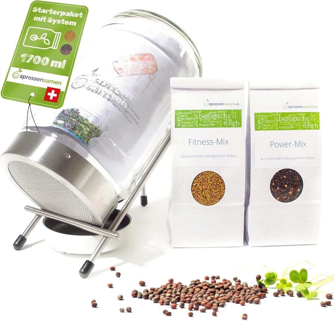 biosprosser Sprossenglas Set mit Starterpaket - Fitness-Mix 250g & Power-Mix 250g - Keimglas für Spr