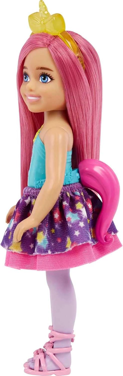 Barbie Dreamtopia, Barbie Chelsea Puppe mit rosa Haaren, gelbe Einhornkrone, rosa Einhornkatze, Wolk