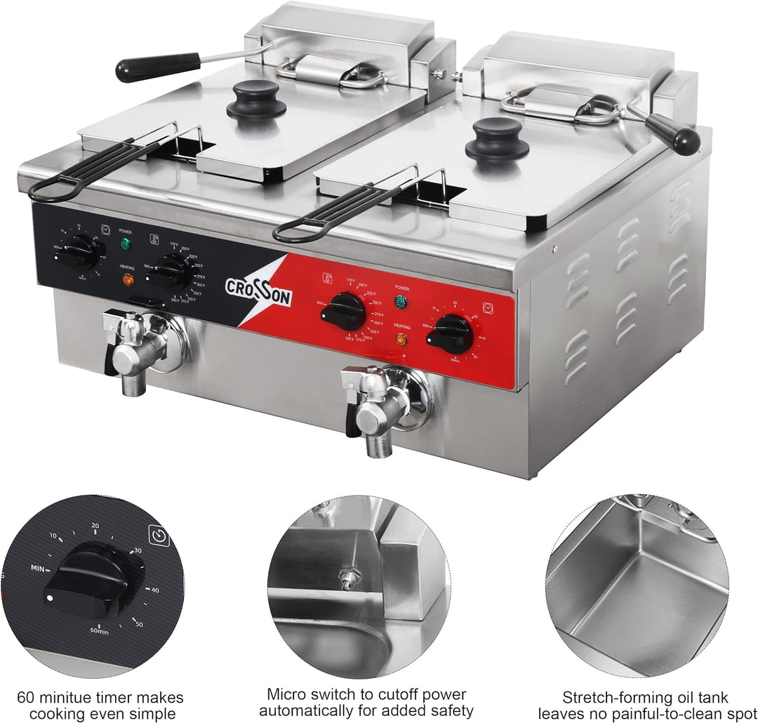 CROSSON Elektrische Fritteuse mit zwei Tanks, Abfluss, festem Korb und Deckel für den Restaurant- un