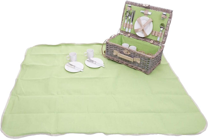 Picknickkorb-Set HWC-B24AM für 4 Personen, Weiden-Korb, Porzellan Edelstahl - grau-grün, Grau-grün