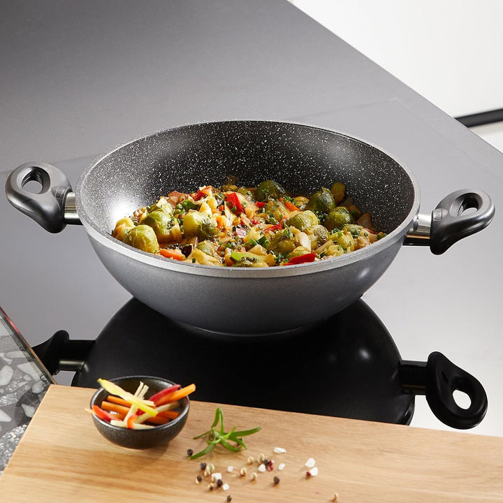 Stoneline Wok 28cm, mit Deckel, Aluguss, Wok Pfanne beschichtet mit echten Steinpartikeln, grau, ohn