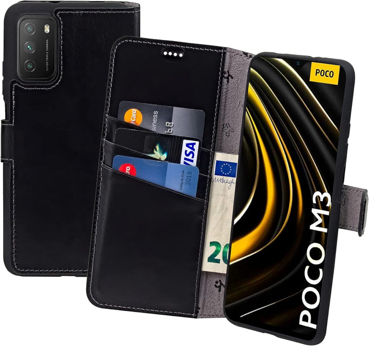 Suncase Book-Style Hülle kompatibel mit Xiaomi Poco M3 Leder Tasche (Slim-Fit) Lederhülle Handytasch