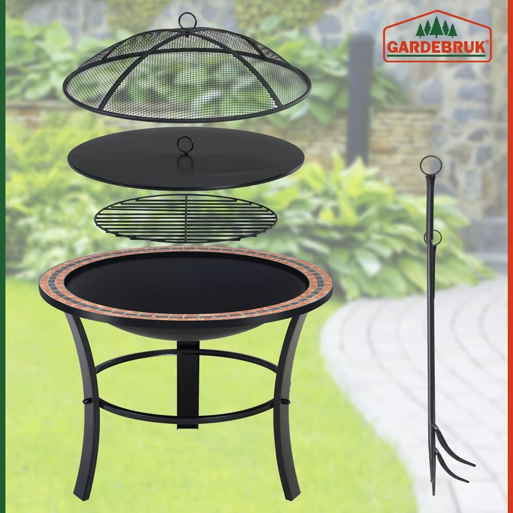 GARDEBRUK® Feuerschale Fuoco mit Funkenschutz Ø76cm Schürhaken Abdeckung Mosaik Rund Garten Terrasse