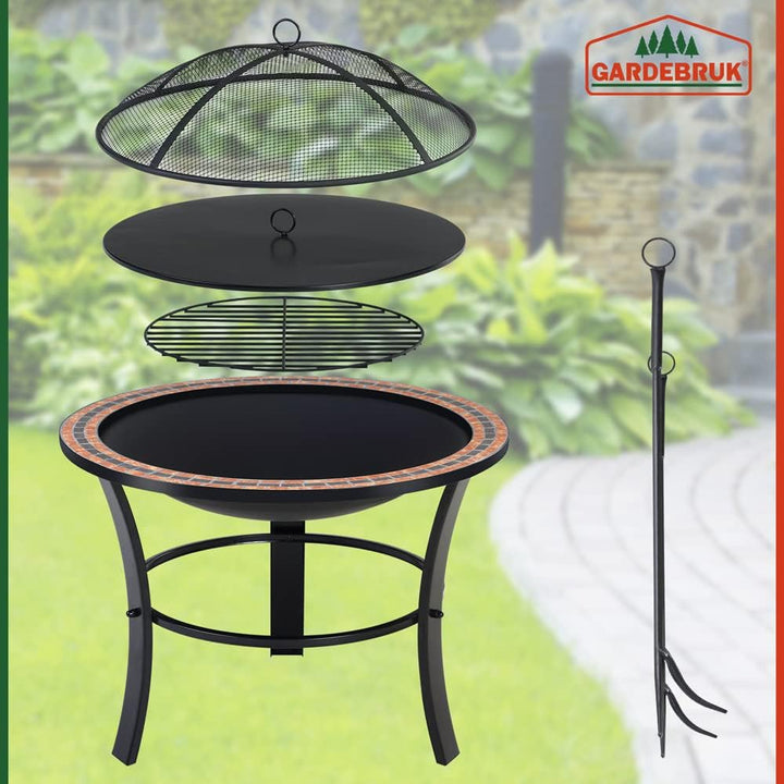GARDEBRUK® Feuerschale Fuoco mit Funkenschutz Ø76cm Schürhaken Abdeckung Mosaik Rund Garten Terrasse
