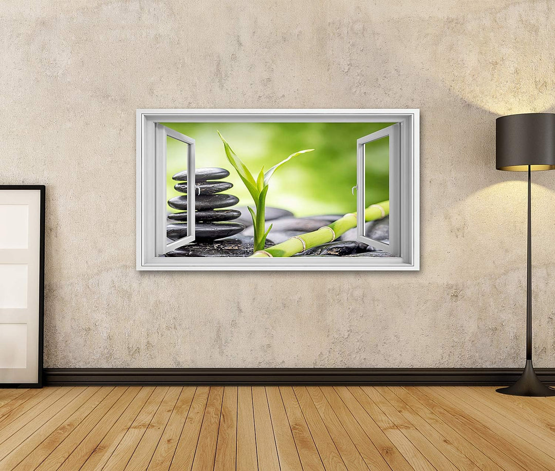 islandburner Bild auf Leinwand Fensterblick Zen Basaltsteine und Bambus Sagenhafter Effekt Wandbild