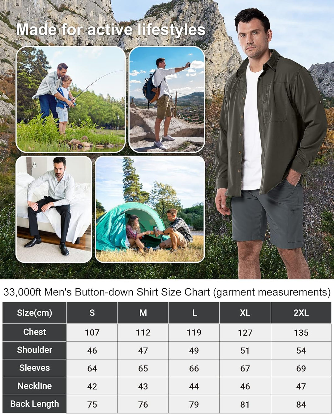 33,000ft Safari Hemd Herren Langarm Sportshemd UPF50+ UV Schutz Funktionshemd Atmungsaktiv Button-Do