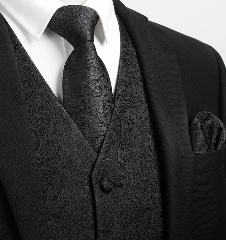 Enlision Herren Paisley Floral Jacquard Weste & Krawatte und Pocket Square Weste Anzug Set M Schwarz