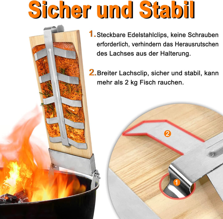 NAIZY Flammlachsbrett 2X Flammlachsbretter mit Edelstahl-Halterung Lachsbretter 5 Stufen Einstellbar