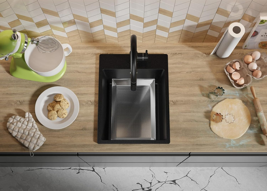 PRIMAGRAN Spülbecken Schwarz 38x50cm, Spülbecken 1 Becken + Küchenarmatur 40x20cm + Ablauf-Set, Küch