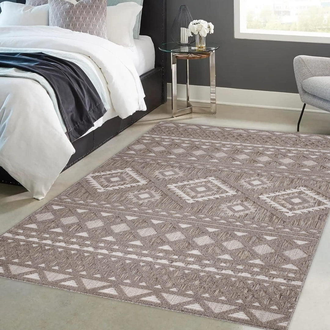 payé Teppich Wohnzimmer - Boho Braun 200x290cm - Raute Ornamente - Ethno Teppiche für Balkon Terrass