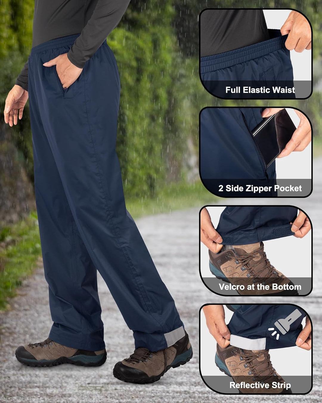 33,000ft Packbare Regenhose Herren Wasserdicht Leichte Fahrrad Überziehhose Winddicht Reflektierende