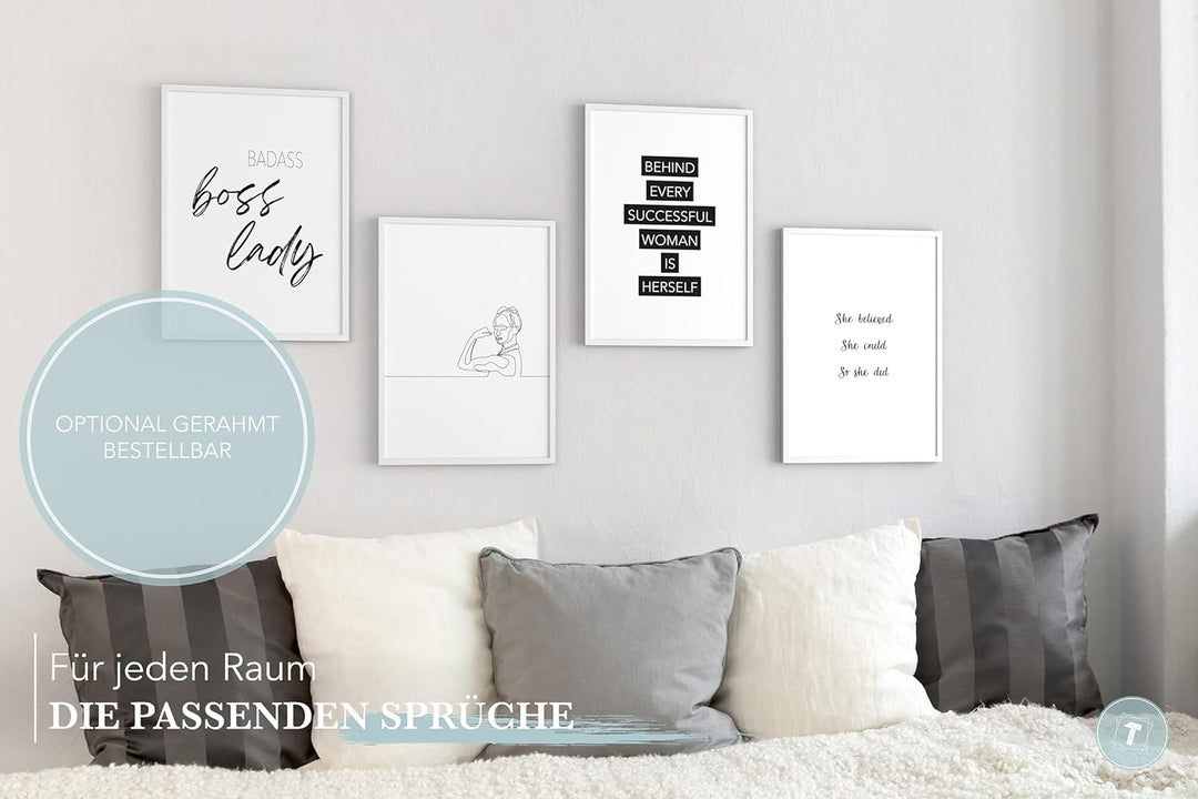 Papierschmiede® Premium Spruchposter Set 4er DIN A1, Motiv: Boss Lady, Typografie Bilder Wohnzimmer