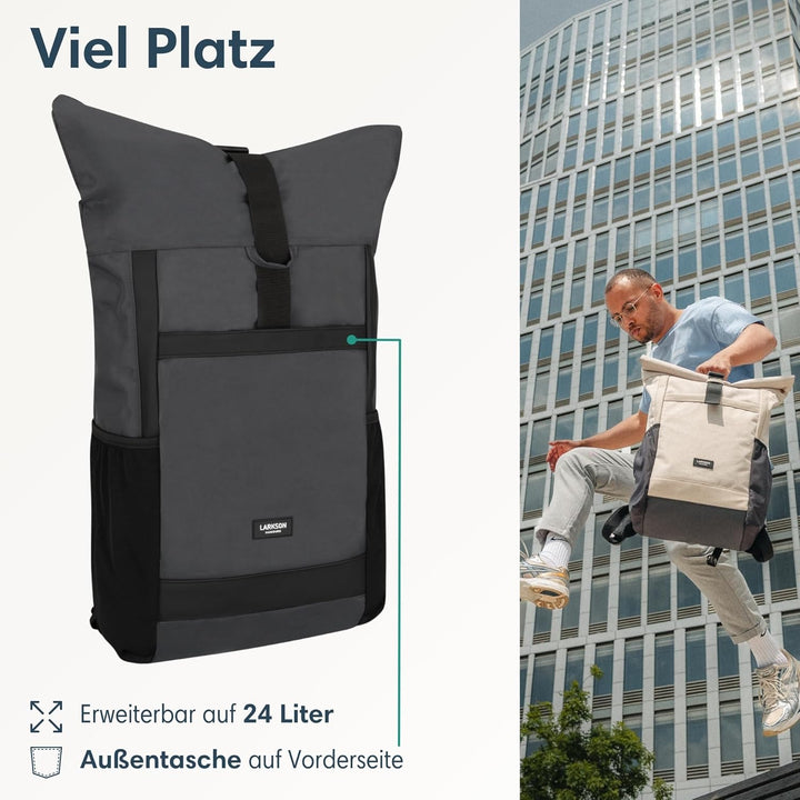 LARKSON Rolltop Rucksack Herren & Damen Gross Anthrazit - No 2 - Daypack für Schule, Uni, Fahrrad -
