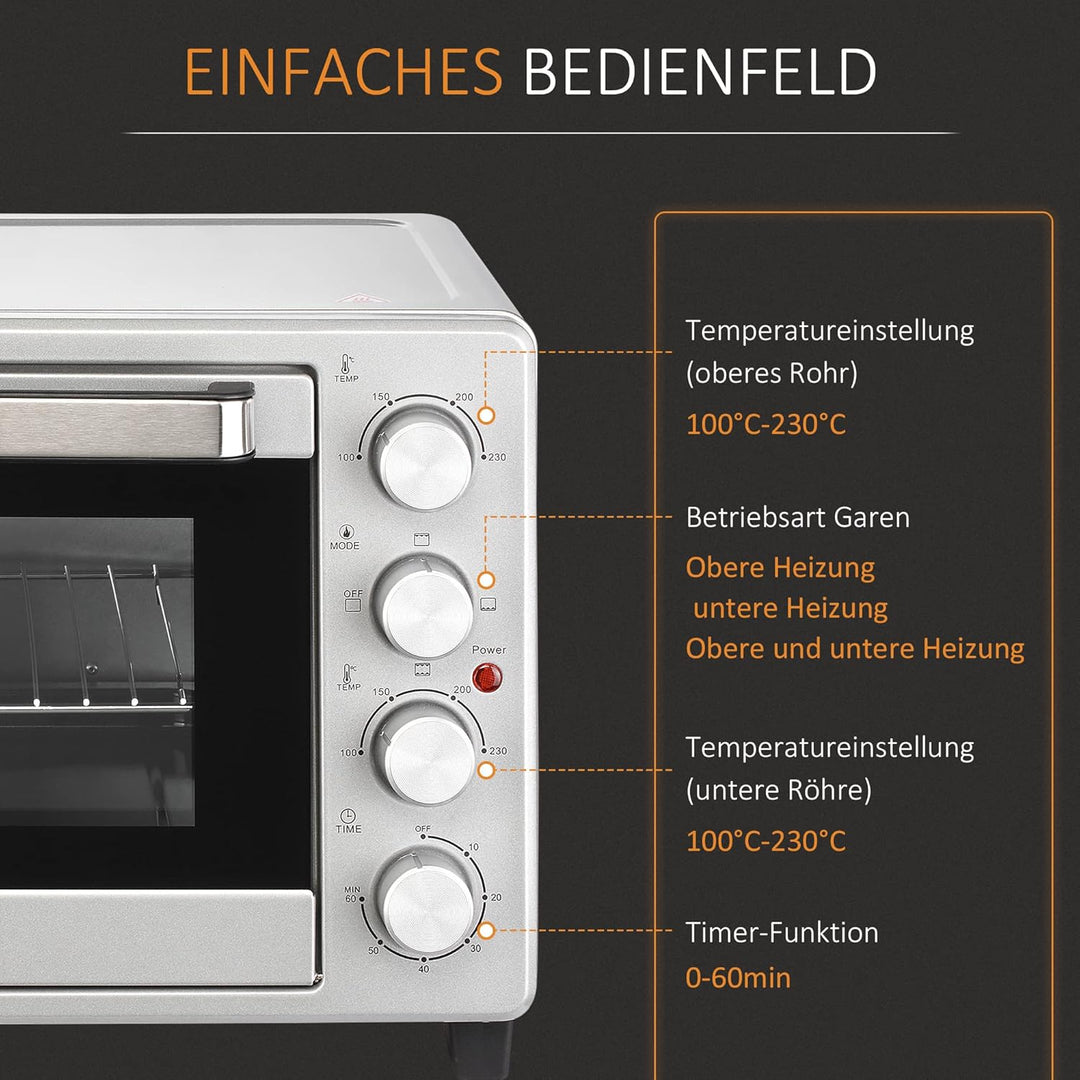 HOMCOM Minibackofen 32L 1600W Elektrischer Mini Ofen mit Schlackenauffangwanne Metall Edelstahl Glas