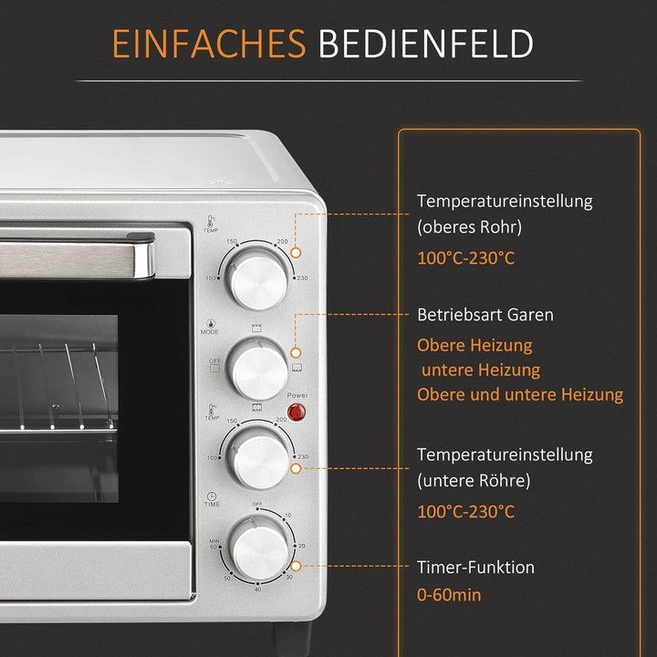 HOMCOM Minibackofen 32L 1600W Elektrischer Mini Ofen mit Schlackenauffangwanne Metall Edelstahl Glas