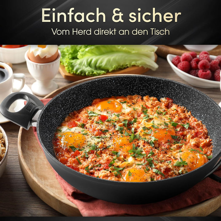 Stoneline Ceramic Servierpfanne 28 cm, PFAS-freie Keramik Beschichtung, Aroma-Glasdeckel, hoher Rand