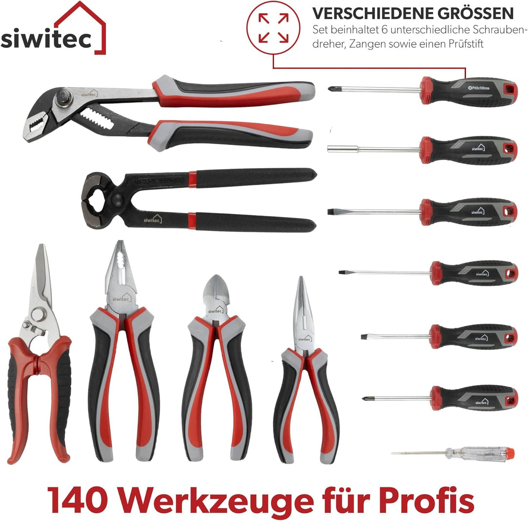 siwitec Werkzeugkoffer 139-teilig | Werkzeug Set CRV | Werkzeugkasten gefüllt mit Zangen, Schraubend