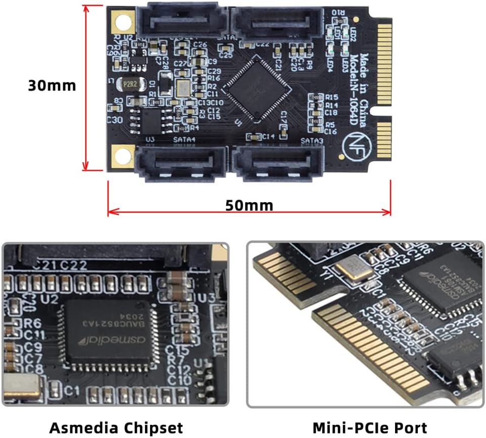 cablecc Mini PCI-E PCI Express auf 6 Gbit/s Vier Ports SATA 3.0 Adapter Konverter Festplattenerweite
